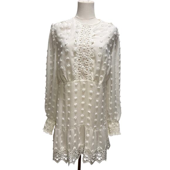 Love X Design Rina Long Sleeve Dotted Chiffon Cream Lace Dress Large Boho Chic - Picture 3 of 11